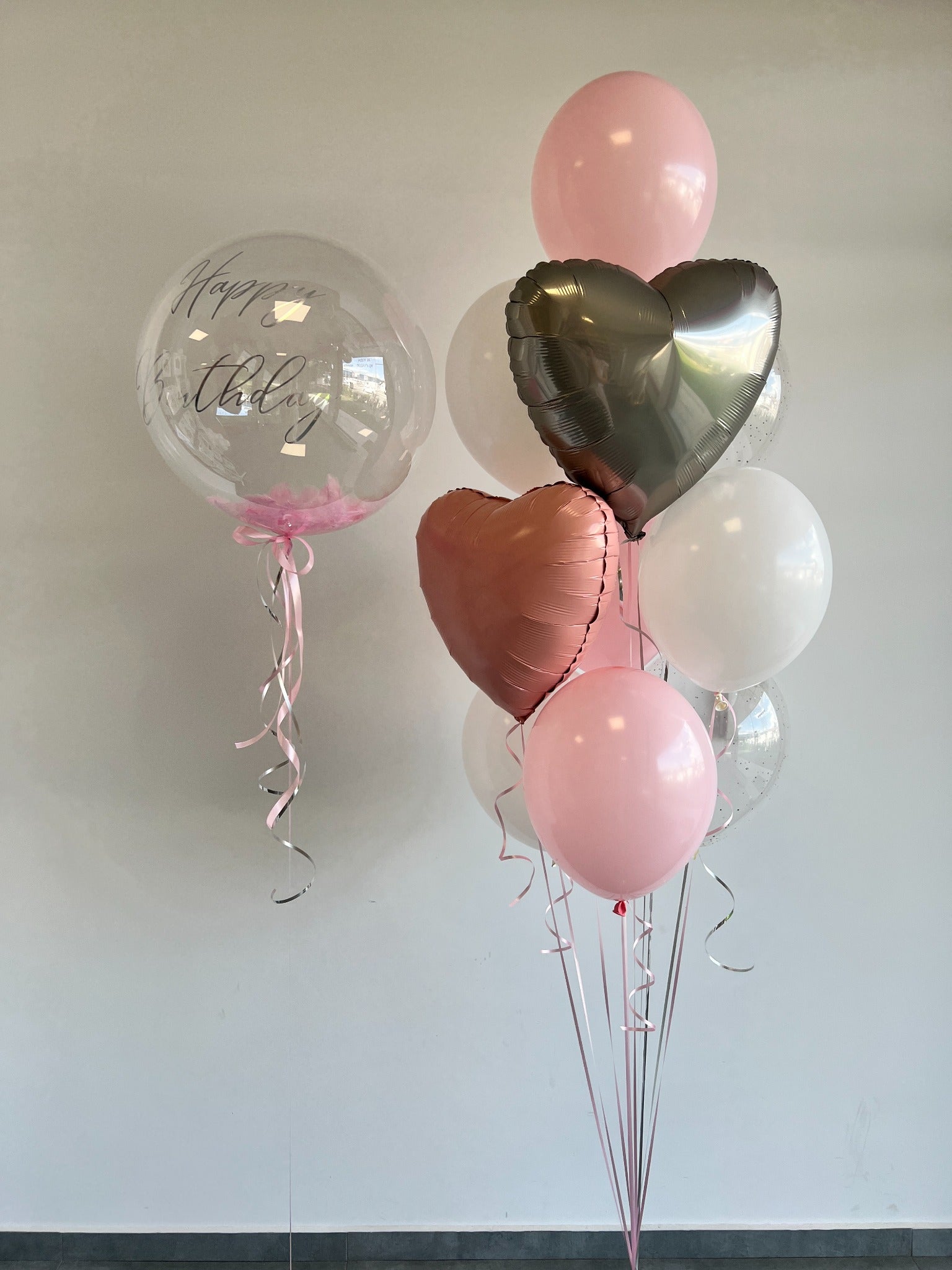 Комплект балони с хелий „Розов рожден ден“ с bubble балон и сърца - Party Design