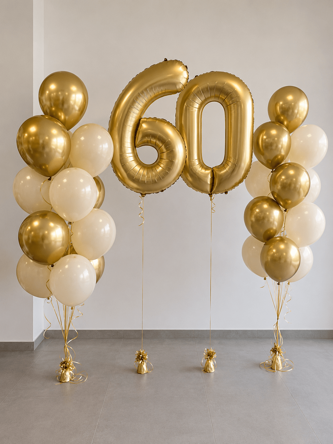 Композиция с балони с хелий в златно и алабастър с две цифри - Party Design