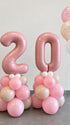 Розова композиция с две фолиеви цифри и букет балони Happy Birthday