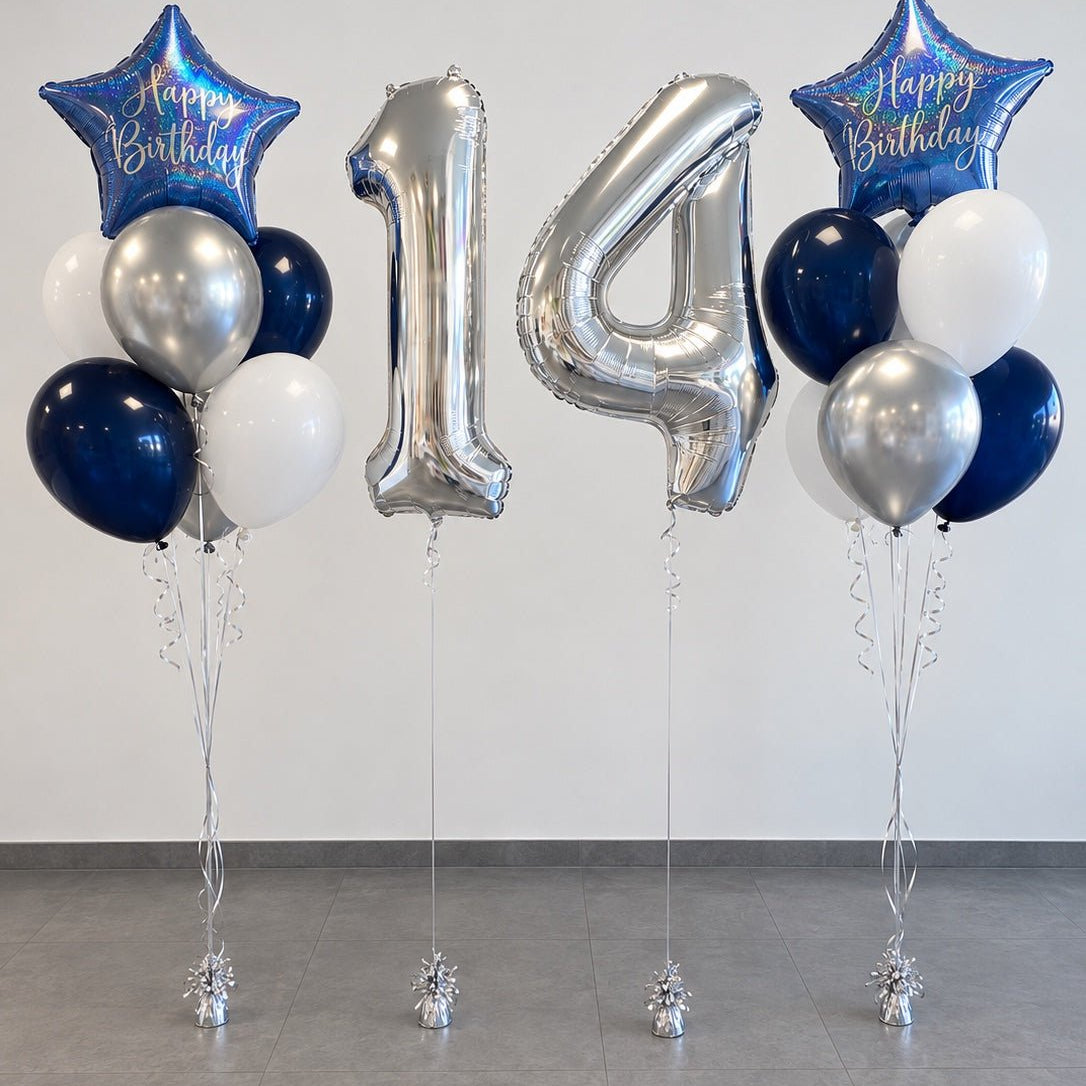 Сребристи цифри с хелий и два букета „Happy Birthday“ – синьо, бяло и сребърно - PartyDesign