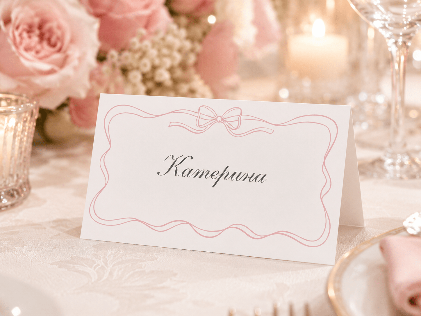 Тейбъл картички с имена с розова панделка
